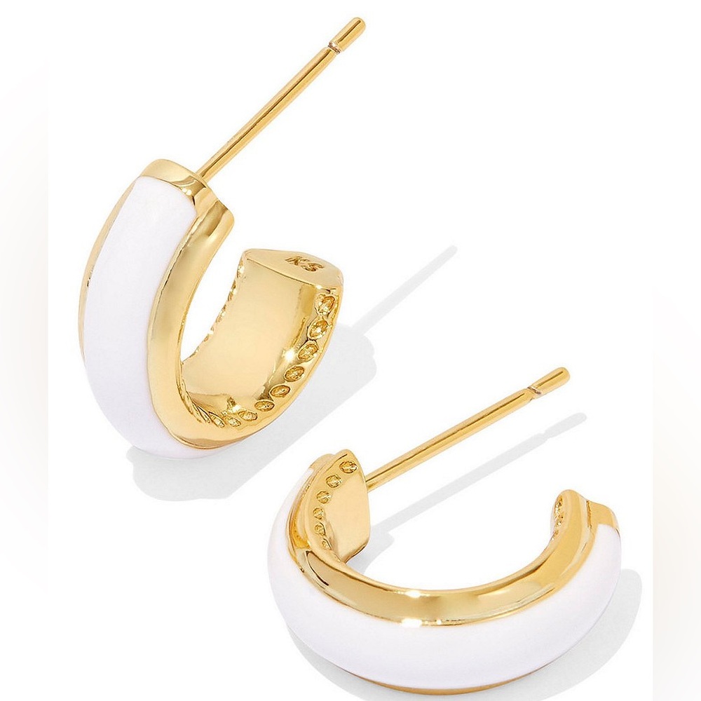 Kendra Scott Ainsley Gold Huggie Earrings in White Enamel.